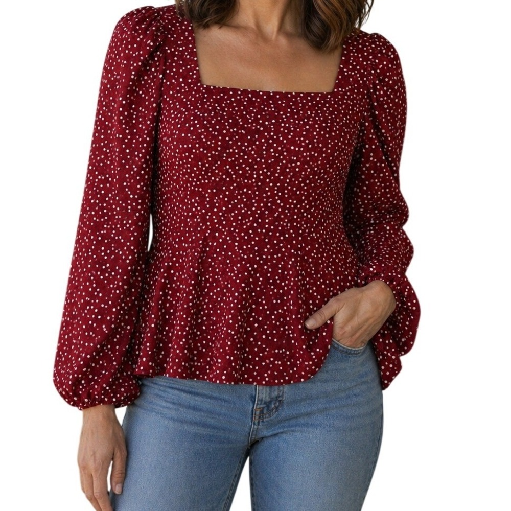 Harpa Polka Dot Peplum Top Womens Large Rust Red Puff Sleeve Square Neck Blouse